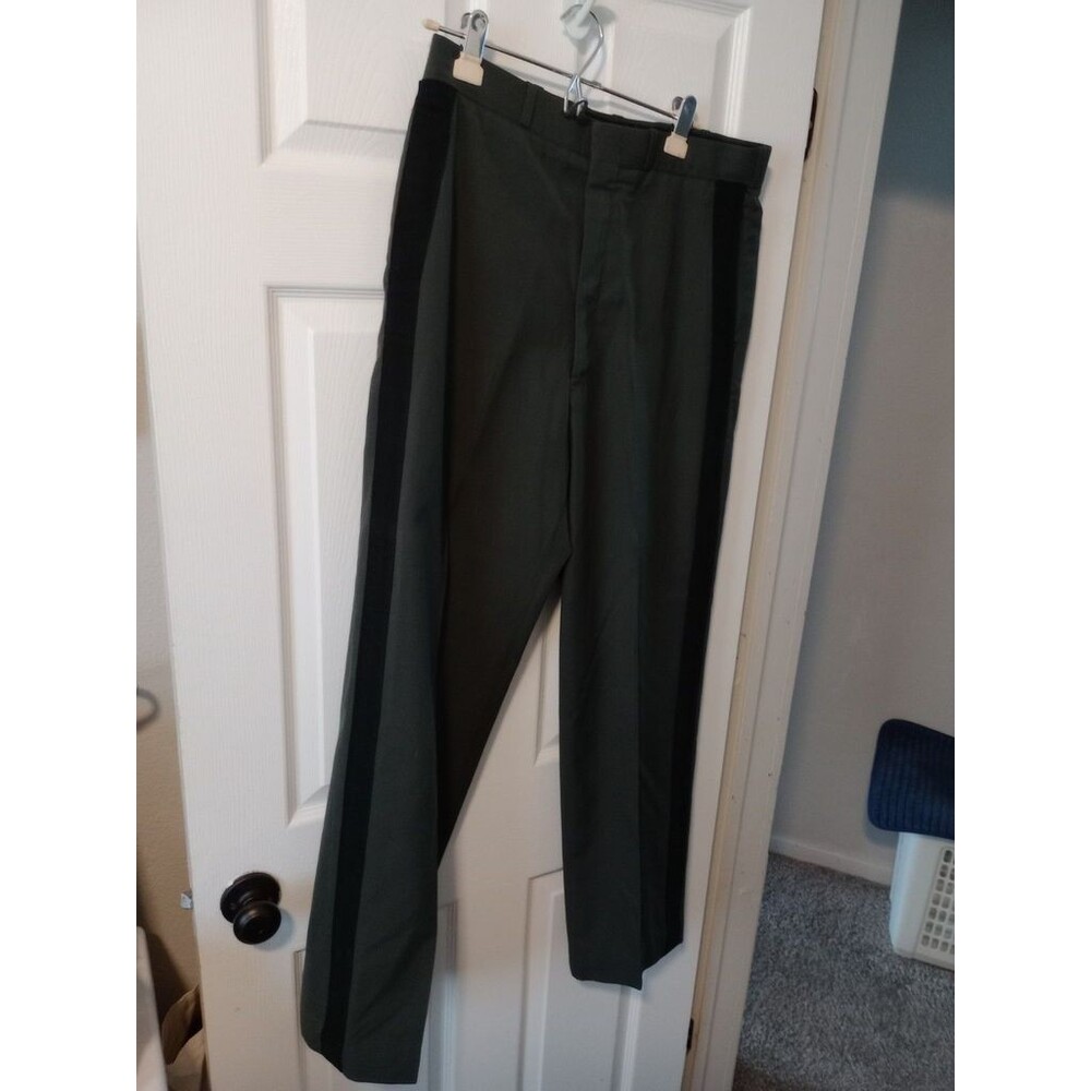 Military Dress Uniform Pants Green w/ Black Stripe Size 35L Wool Blend